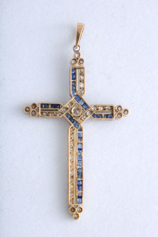 Edwardian Diamond and Channel Set Sapphires Cross Pendant