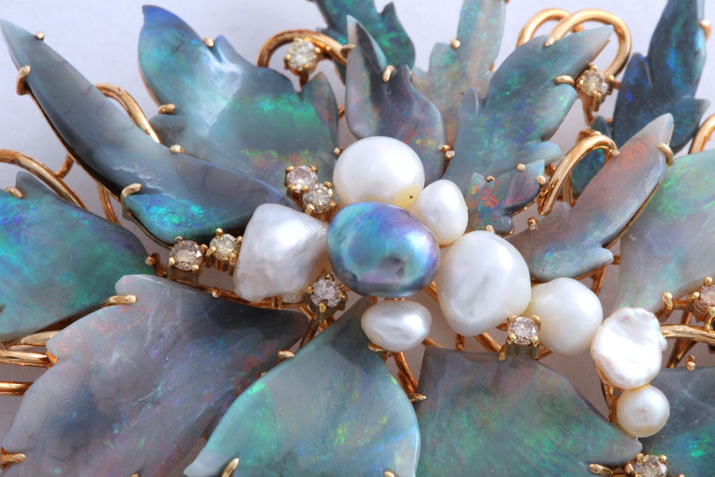 Women's or Men's Unique 1960s Australian Mintabie Black Opal Natural Pearl Diamond Gold Brooch For Sale