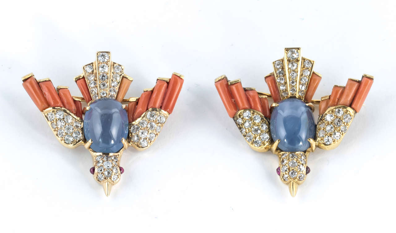 Pair of Coral Star Sapphire Diamond Bird Pins