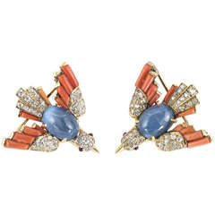 Vintage Pair of Coral Star Sapphire Diamond Bird Pins