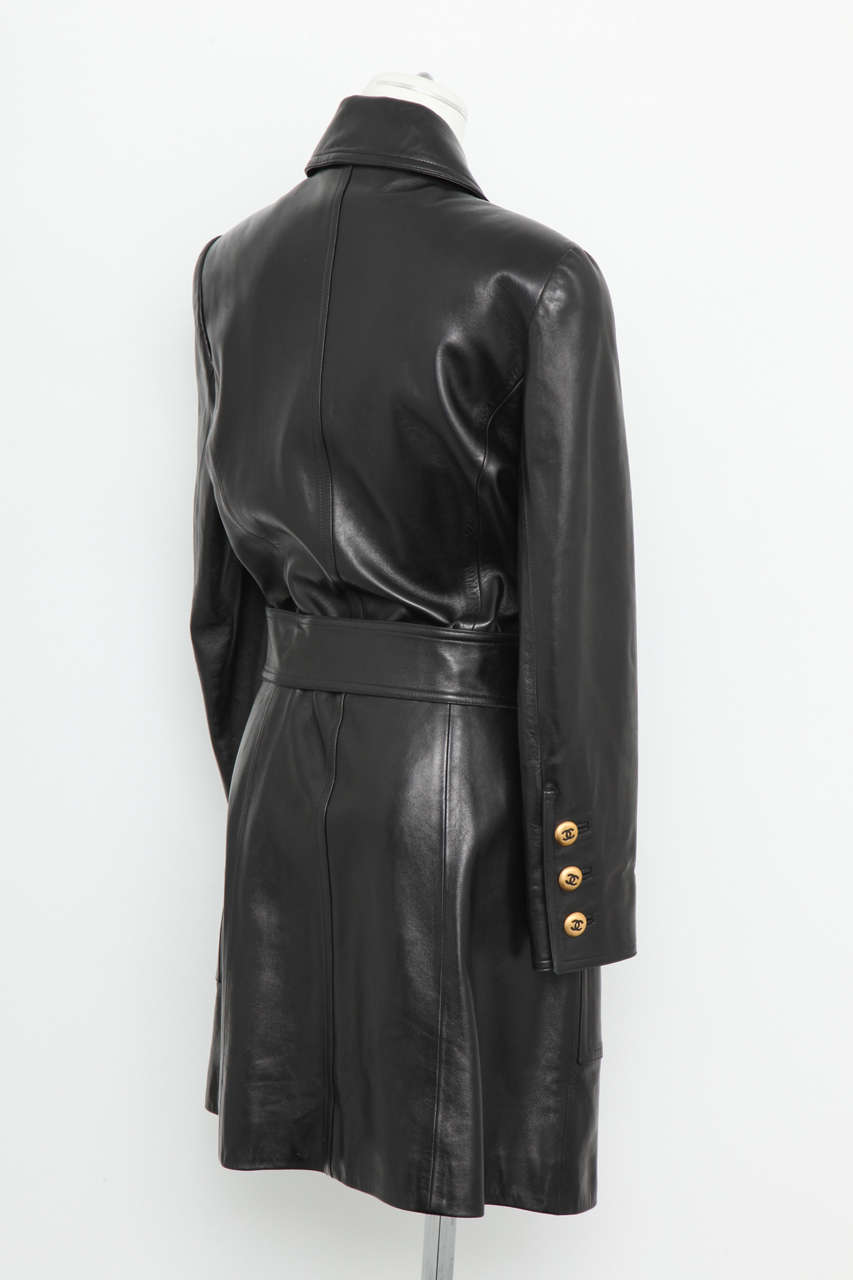 Vintage Chanel Amazing Leather Trench Coat with CC Buttons and Belt In Excellent Condition In Chicago, IL