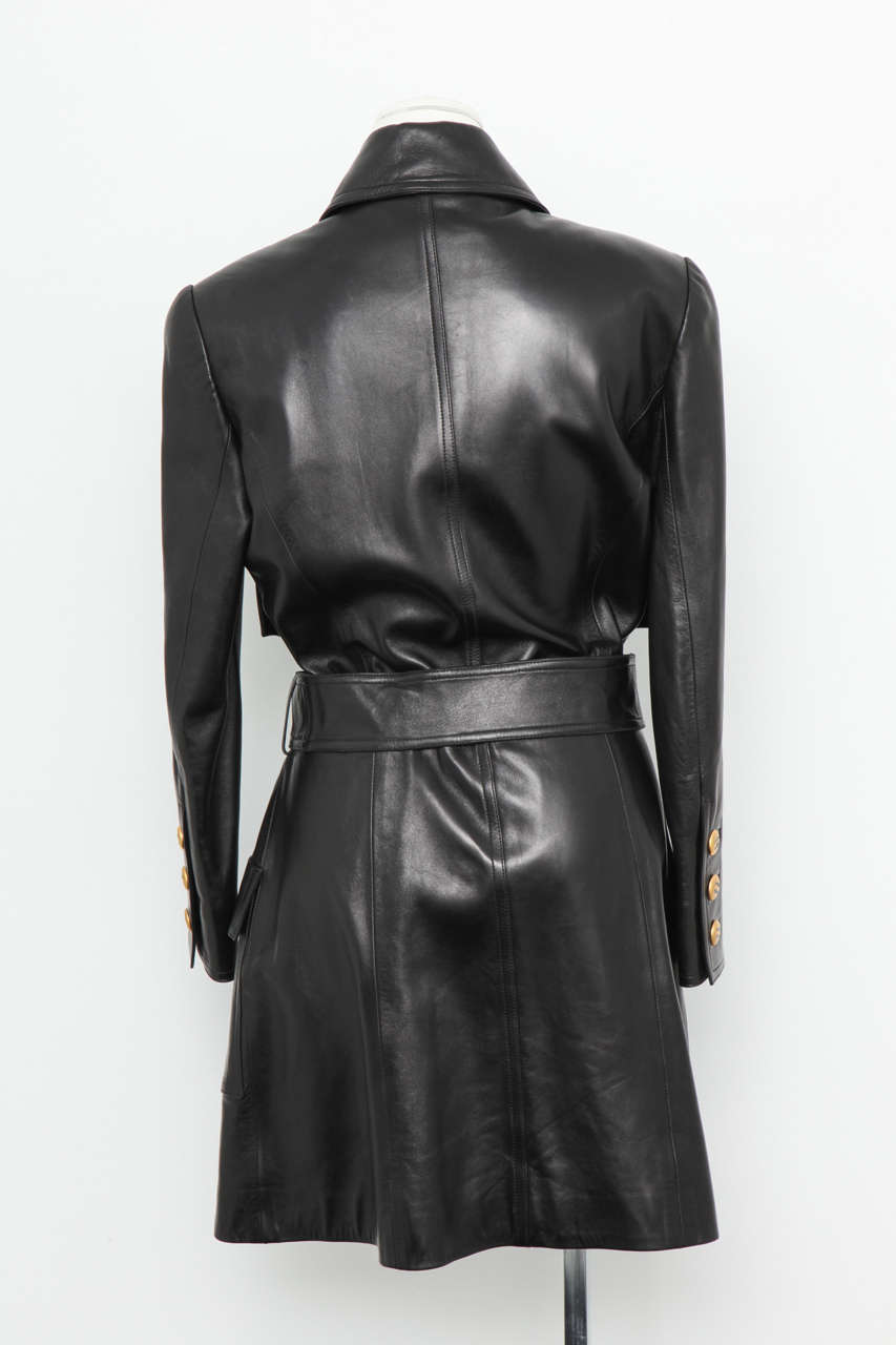 Women's or Men's Vintage Chanel Amazing Leather Trench Coat with CC Buttons and Belt