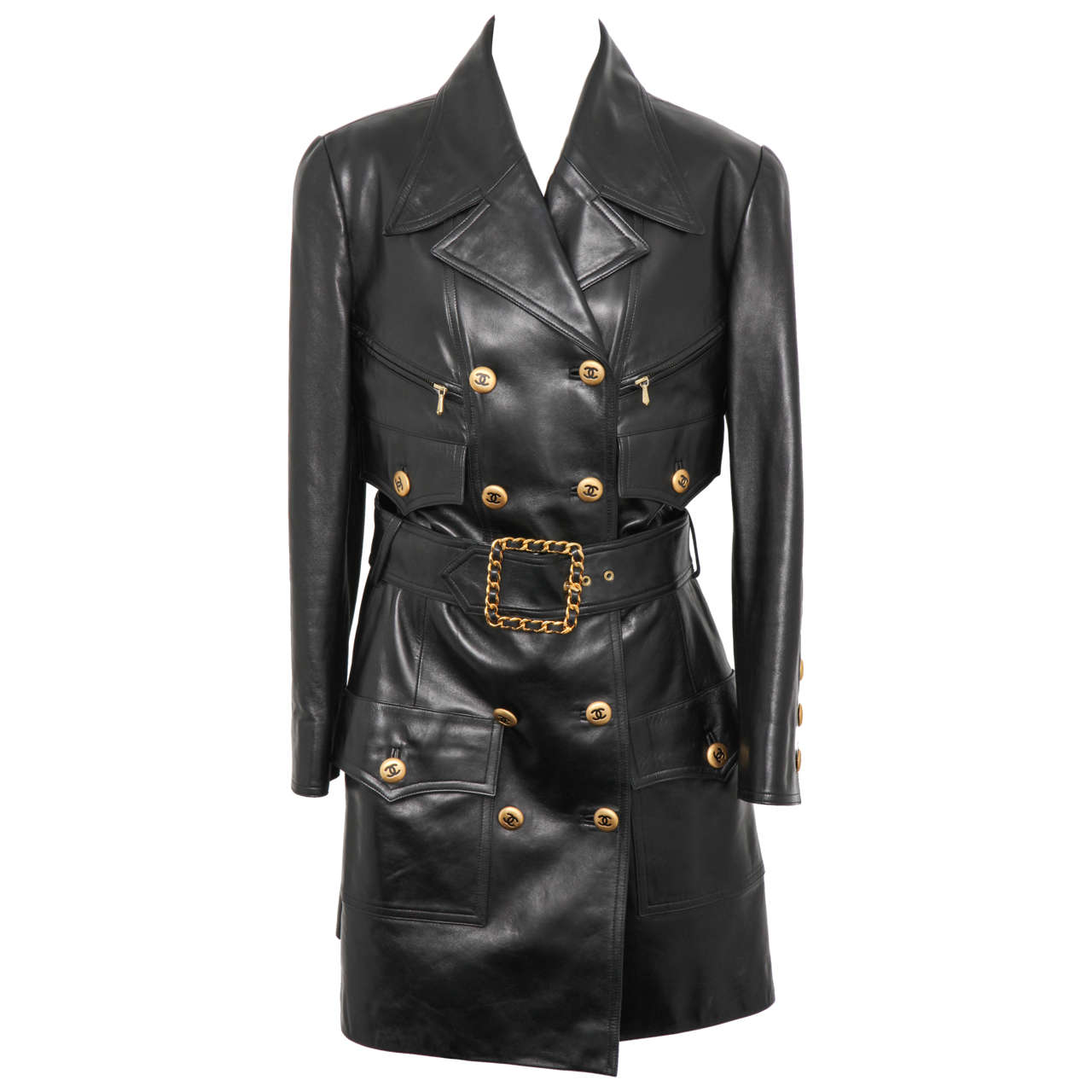 Vintage Chanel Amazing Leather Trench Coat with CC Buttons and Belt at ...