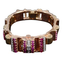 Retro 1940s Pink and Yellow Gold Ruby and Diamond Bracelet Watch