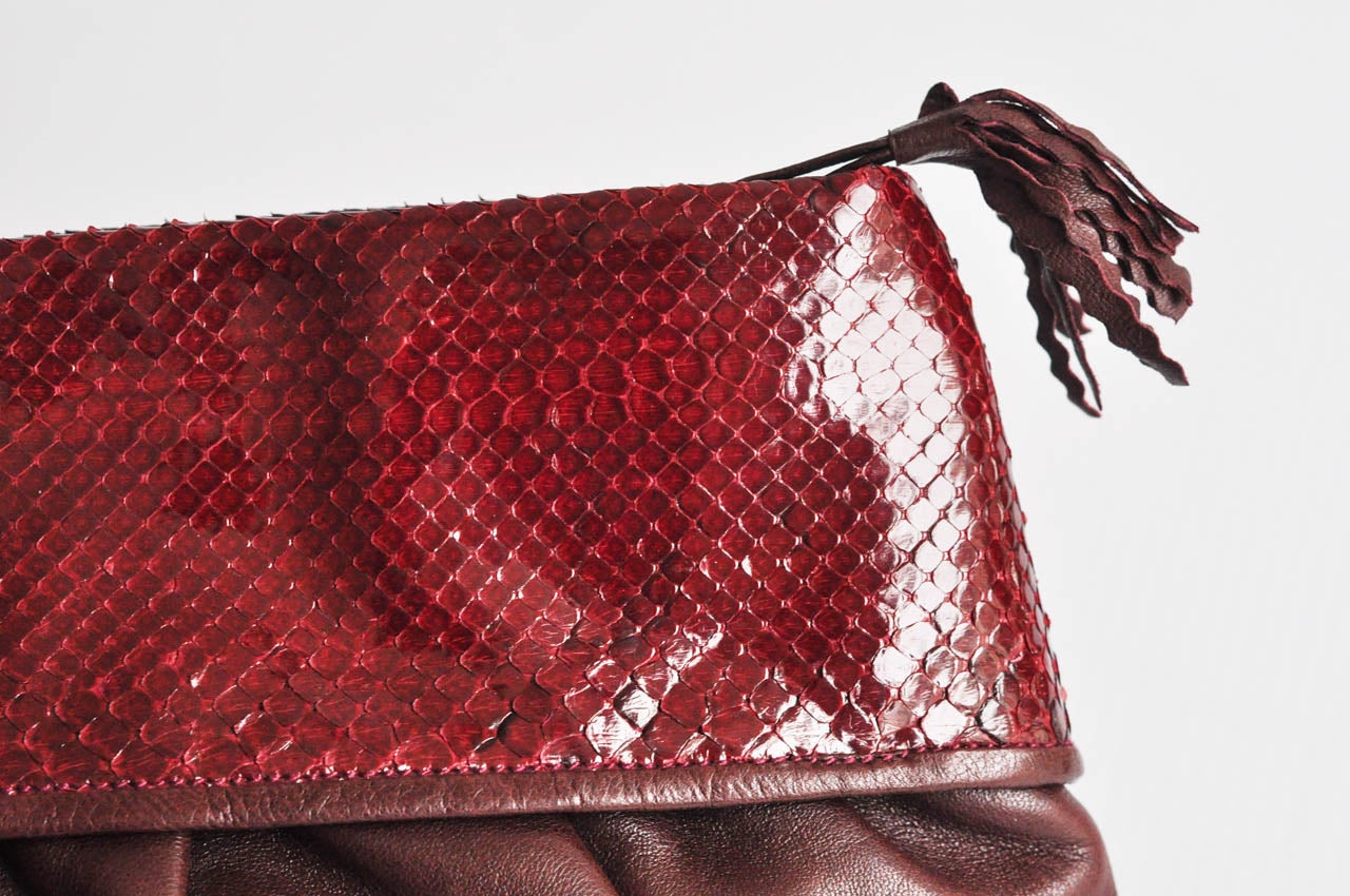 Brown 1980s Vintage Burgundy Snakeskin and Leather Clutch by Walter Katten For Sale