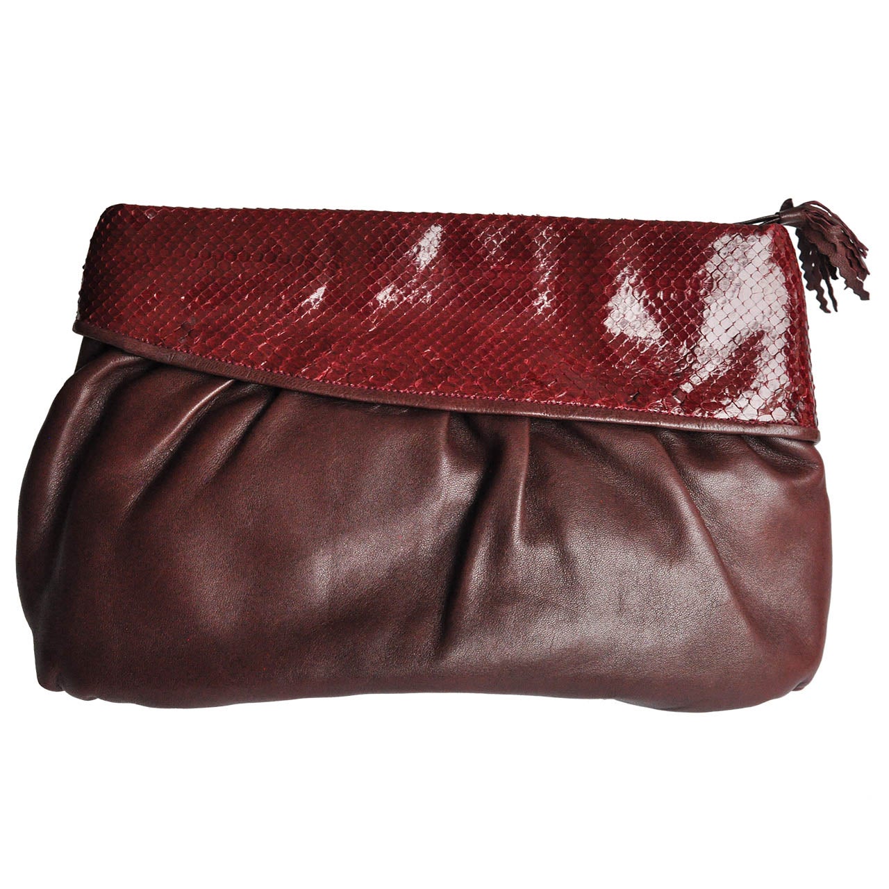 1980s Vintage Burgundy Snakeskin and Leather Clutch by Walter Katten For Sale