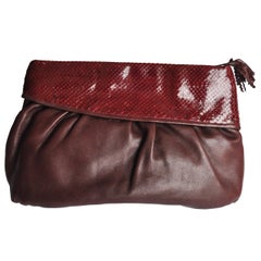 1980s Retro Burgundy Snakeskin and Leather Clutch by Walter Katten