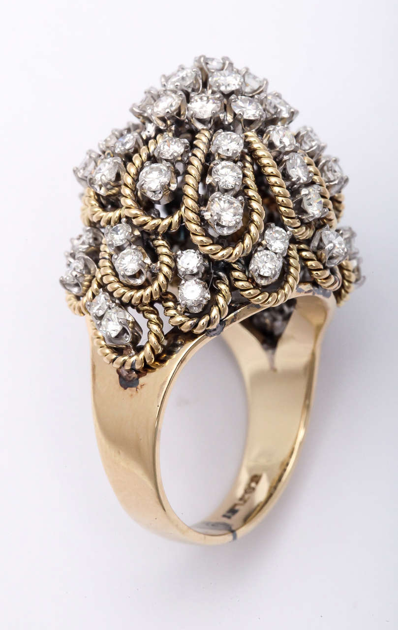 Frivolous 18kt Yellow Gold constructed Dome Ring.  Beautifully made.  Signed,  but unknown maker.  Set with full cut - clean white Diamonds. Over 3 carats total.