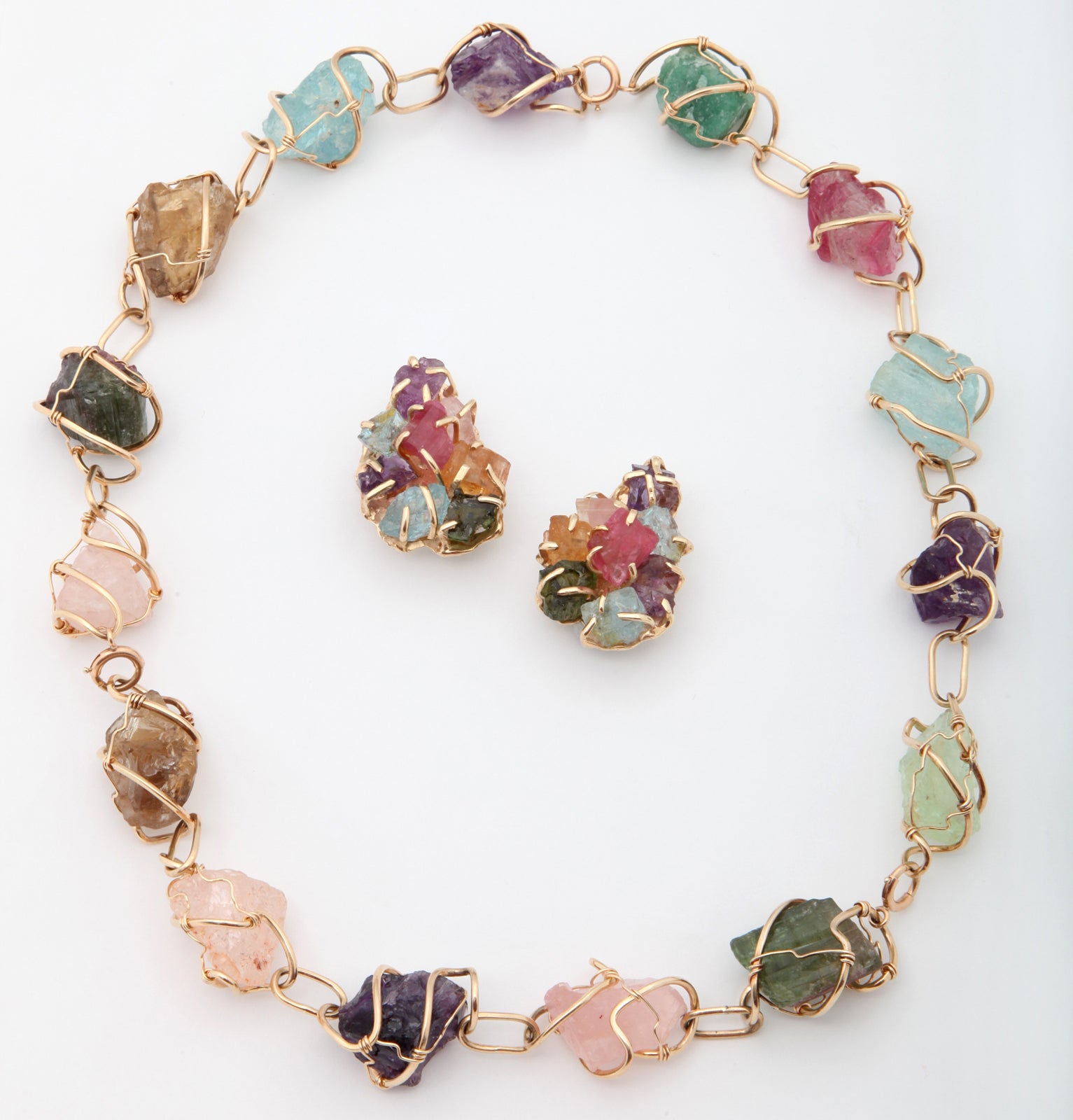 Multi-Colored Stone Necklace and Three Bracelets Combination with Matching Earrings
