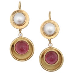 Pink Tourmaline and Pearl Diamond Gold Drop Earrings