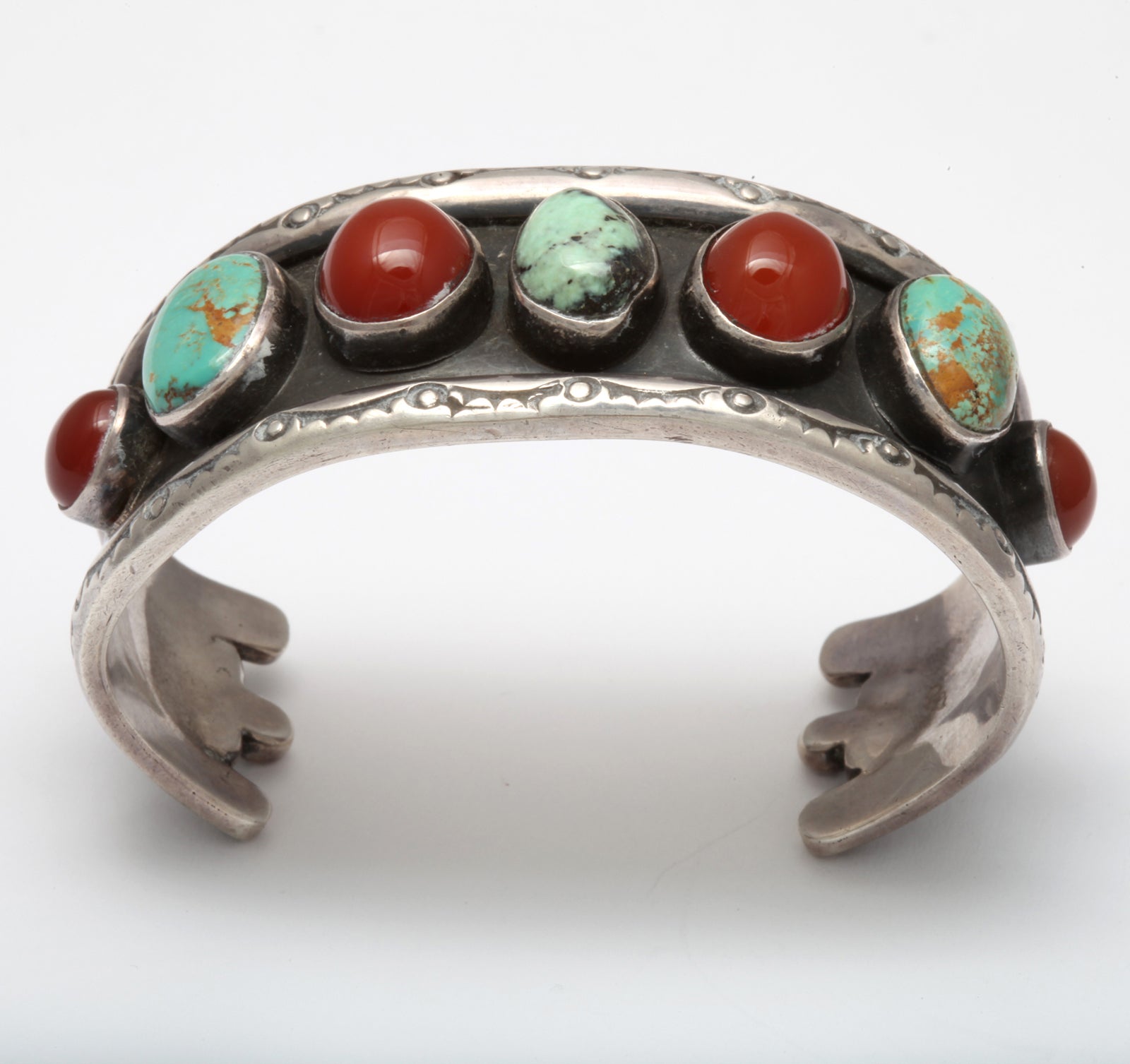Old Navajo Cuff of Matrix Turquoise and Carnelian In Excellent Condition In Stamford, CT