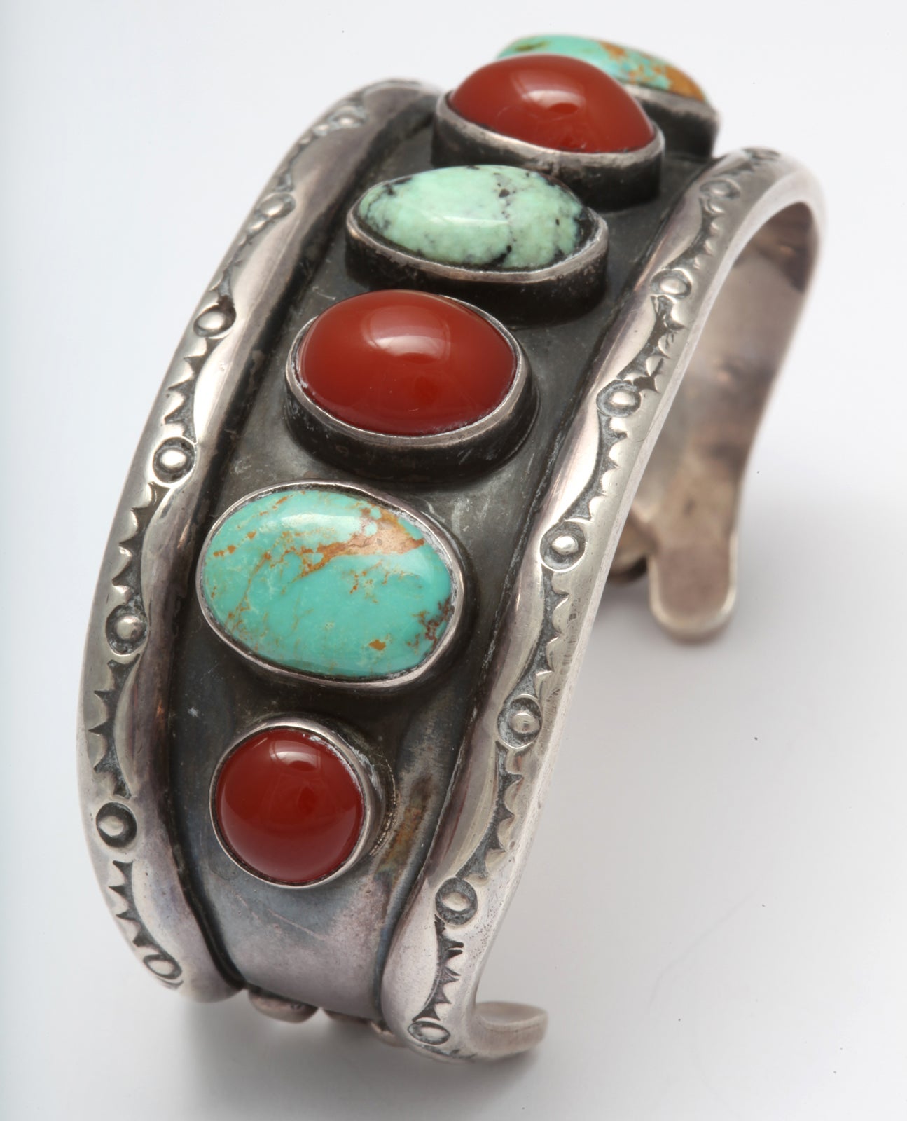 Women's or Men's Old Navajo Cuff of Matrix Turquoise and Carnelian