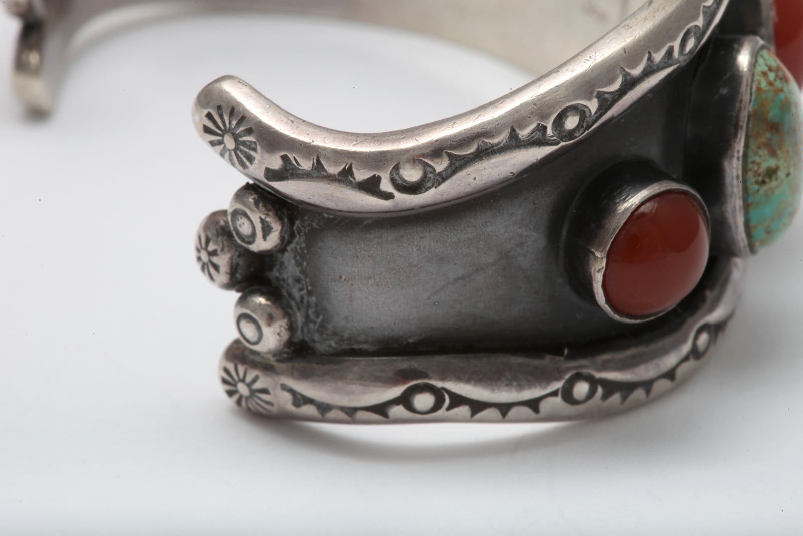 Old Navajo Cuff of Matrix Turquoise and Carnelian 3