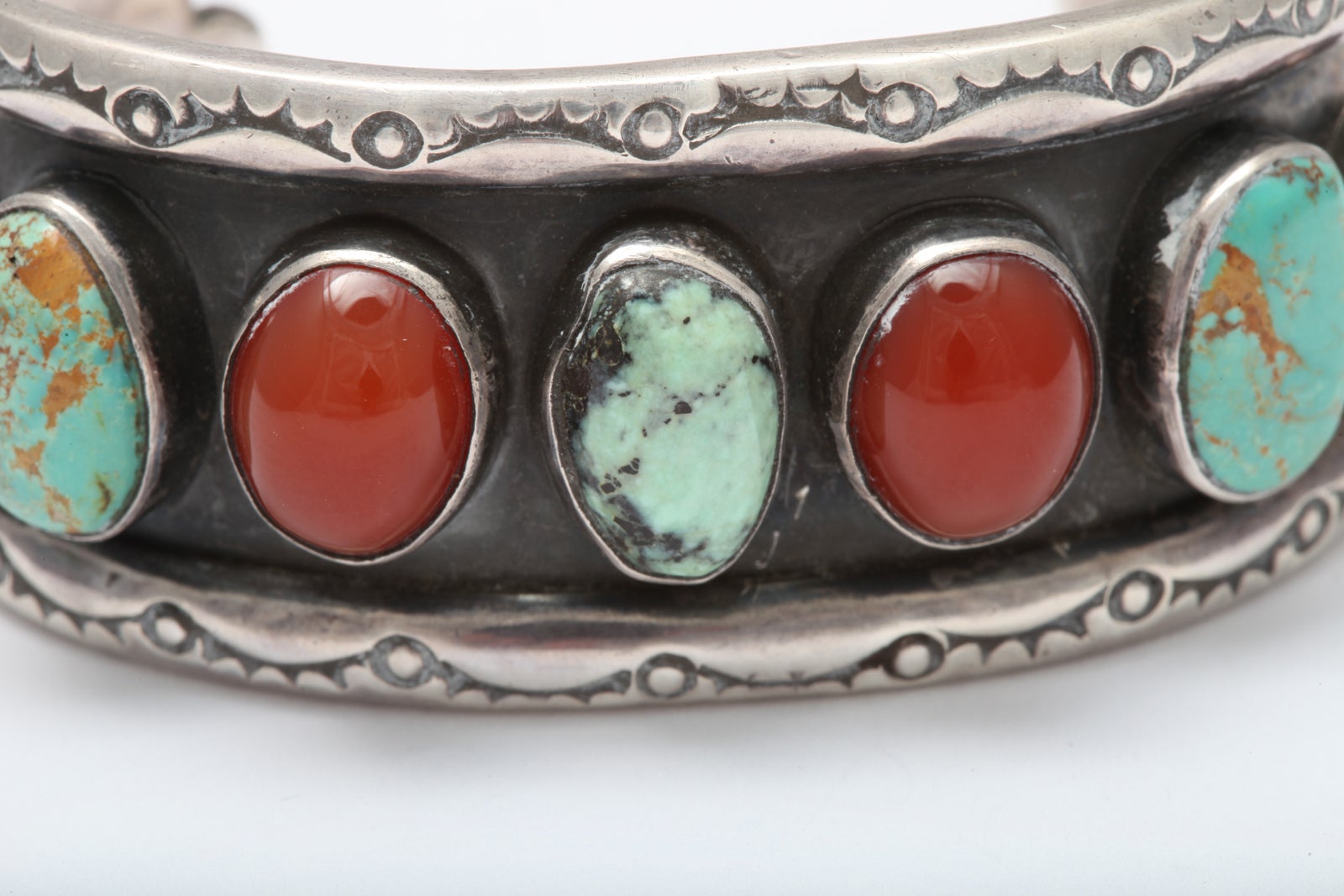 Old Navajo Cuff of Matrix Turquoise and Carnelian 4