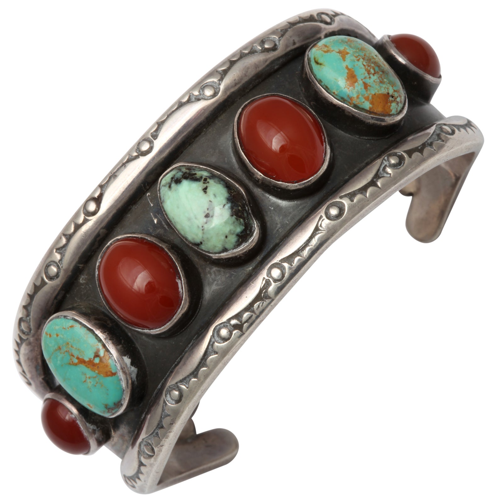 Old Navajo Cuff of Matrix Turquoise and Carnelian
