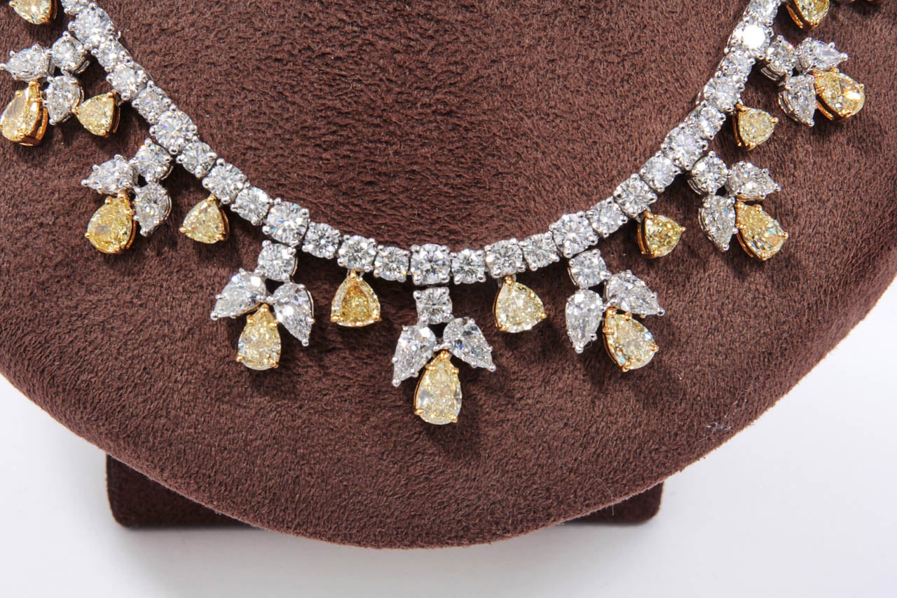 Classic Yellow and White Diamond Platinum Necklace  In Excellent Condition In New York, NY
