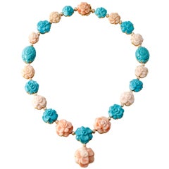 A Coral Turquoise Diamond Necklace with Matching Earrings