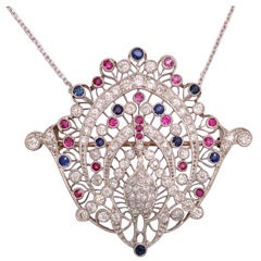 Diamond Ruby and Sapphire Peacock Pendant