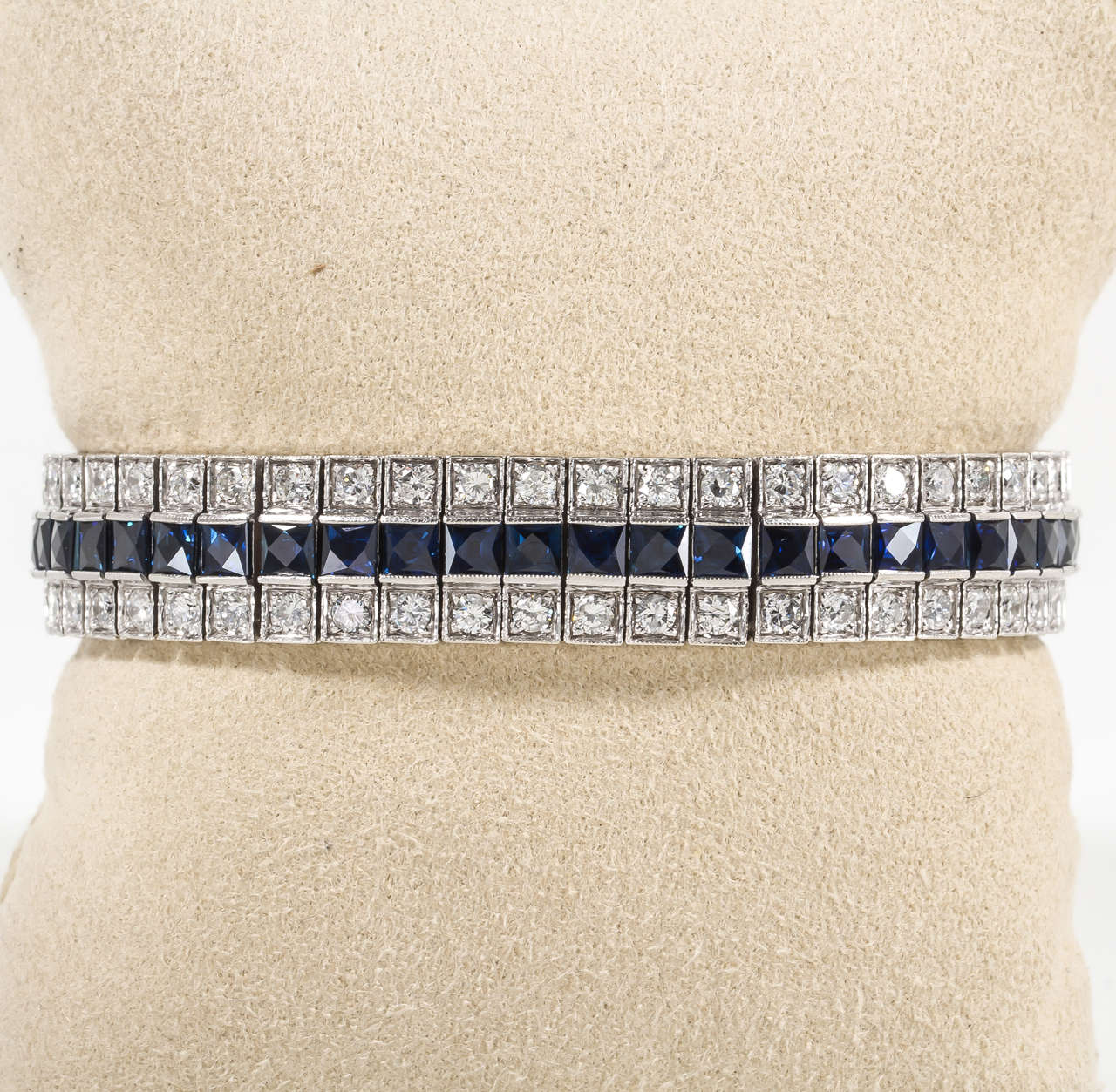 Unique French Cut Sapphire Diamond Wide Line Bracelet In New Condition For Sale In New York, NY