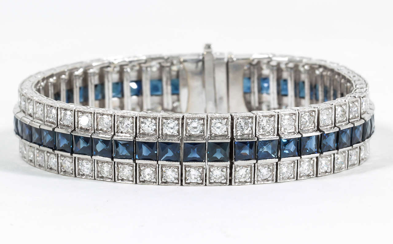 Women's or Men's Unique French Cut Sapphire Diamond Wide Line Bracelet For Sale