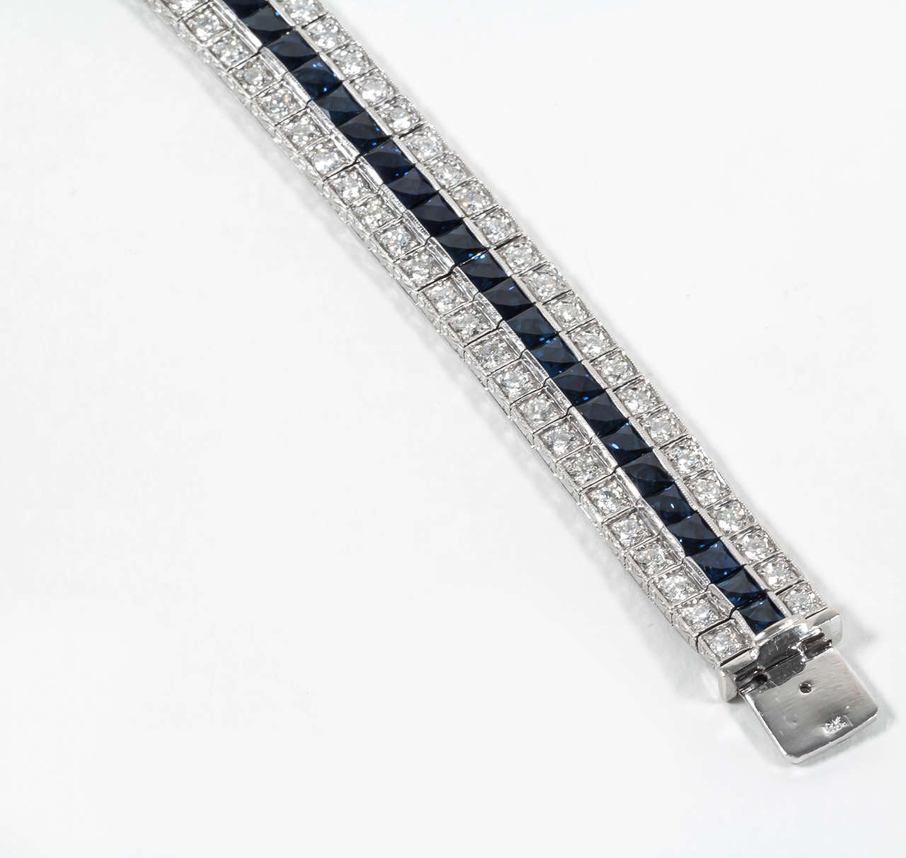 Unique French Cut Sapphire Diamond Wide Line Bracelet For Sale 1