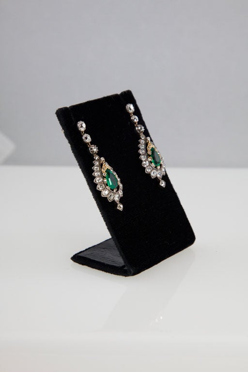 Women's Victorian 4.44 Carat Diamond, 1.88 Carat Emerald, Gold & Silver Pendant Earrings