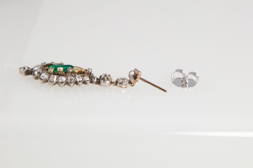 Victorian 4.44 Carat Diamond, 1.88 Carat Emerald, Gold & Silver Pendant Earrings 2