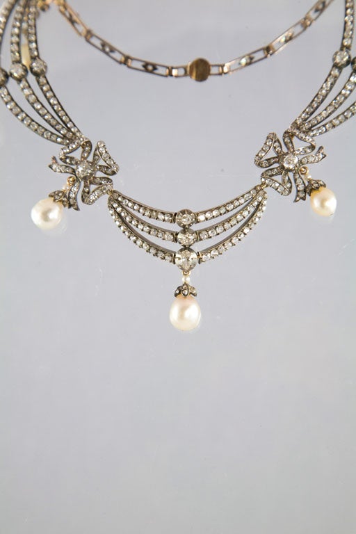 AGTA Certified Natural Pearl, 14.86 Carat Diamond Victorian Gold Silver Necklace In Excellent Condition For Sale In Calabasas, CA