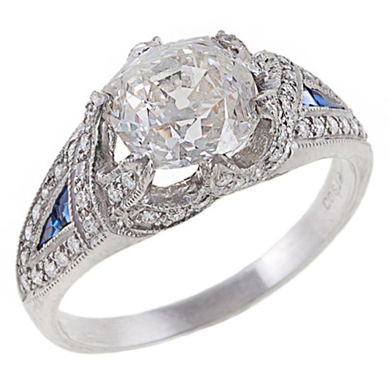 2.13 Carat Diamond, Sapphire and Platinum Ring For Sale