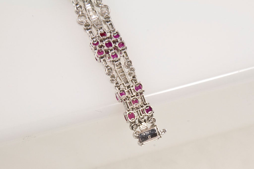 Women's Art Deco 32.10 Carat UNTREATED Burmese Ruby 12.0 Carat Diamond Platinum Bracelet For Sale