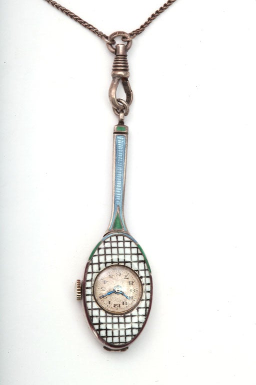 Swiss Tennis Racket Watch Suspended from a very Long Sterling Chain (54") Watch (2") Signed J.Grevere inside case