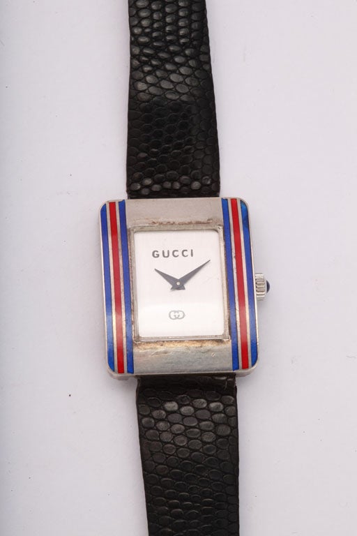 Vintage Gucci Sterling and Enamel Wind up Watch with Lizard Strap