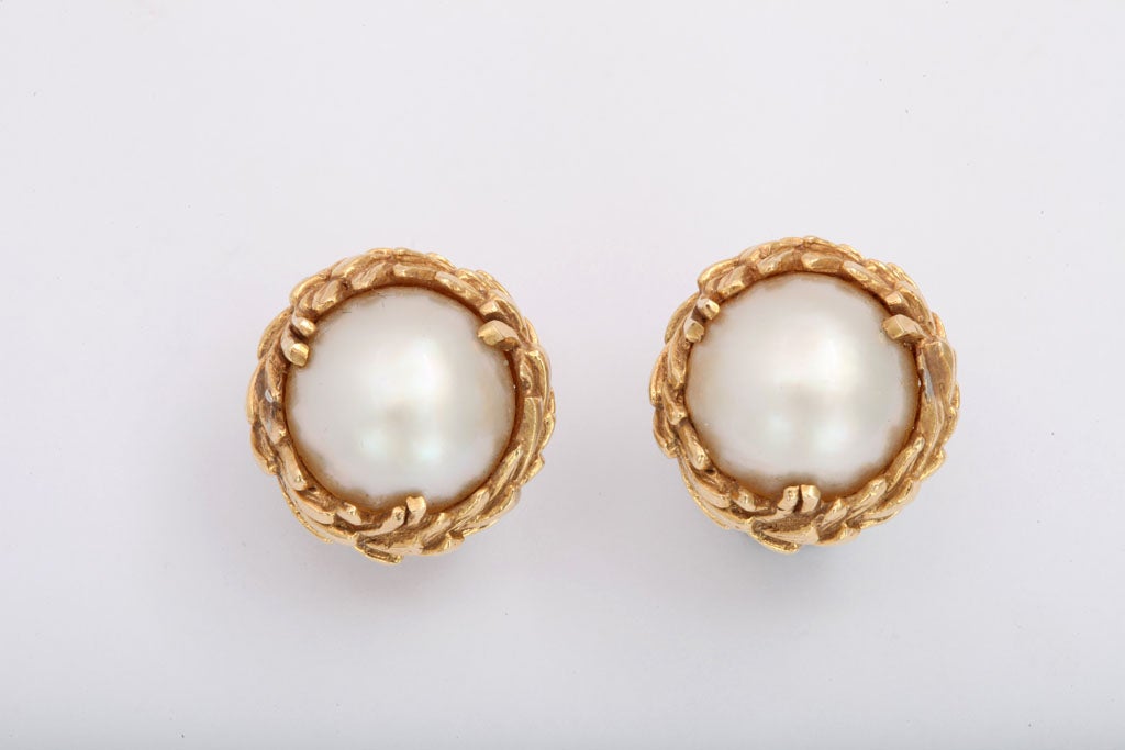 Foliate 18kt Yellow Gold Earrings - bezel set with fine lustrous Mabe Pearl Earrings.  Fitted with Omega backs & posts.