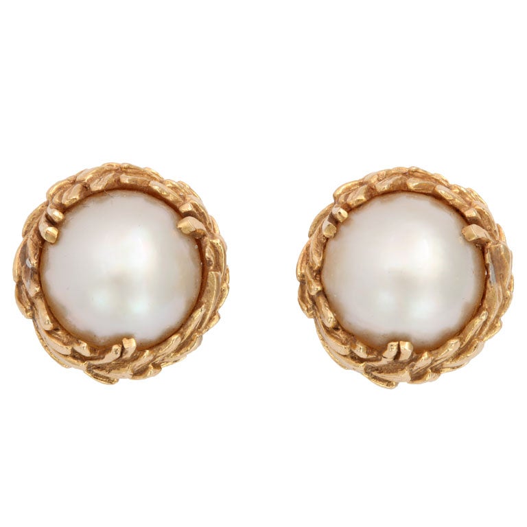 Mabe Pearl Yellow Gold Earrings For Sale