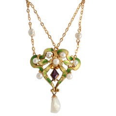 Art Nouveau Enamel Garland Necklace with Pearls and Amethyst