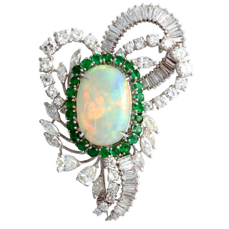 Australian Crystal Opal  Emerald Diamond Ribbon Brooch Clip Pin For Sale
