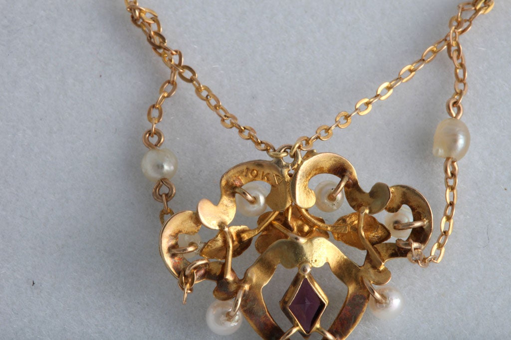 Art Nouveau Enamel Garland Necklace with Pearls and Amethyst at 1stDibs