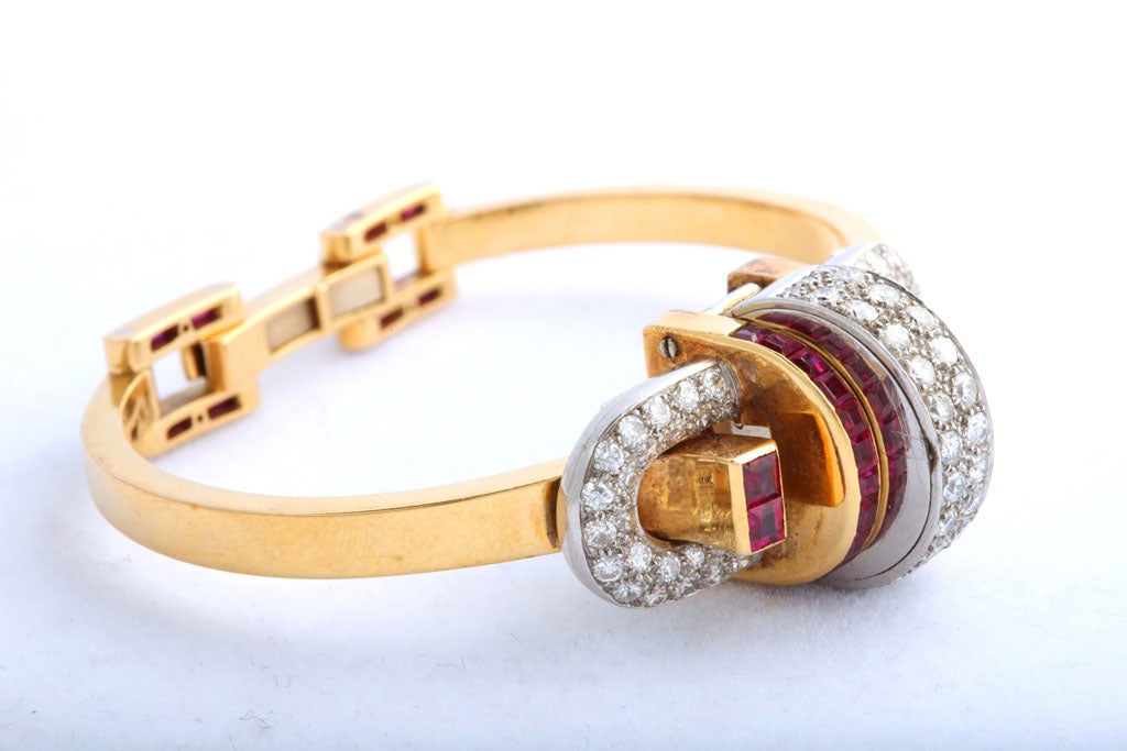 Women's Art Deco Ruby and Gold Bracelet Watch For Sale