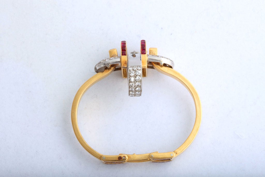 Art Deco Ruby and Gold Bracelet Watch For Sale 3