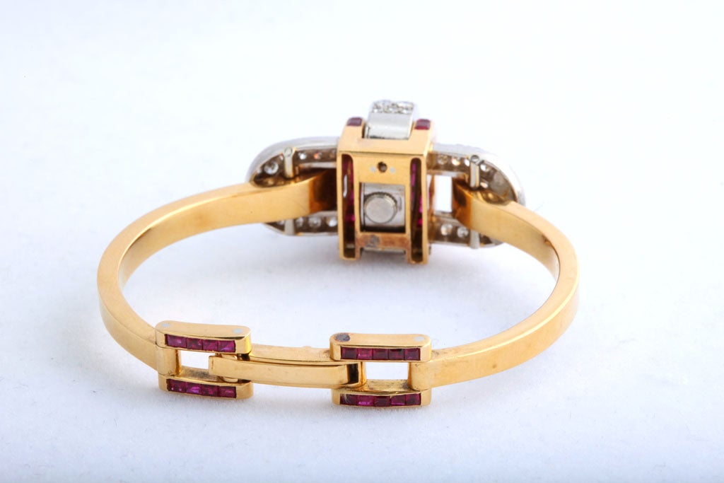 Art Deco Ruby and Gold Bracelet Watch For Sale 4