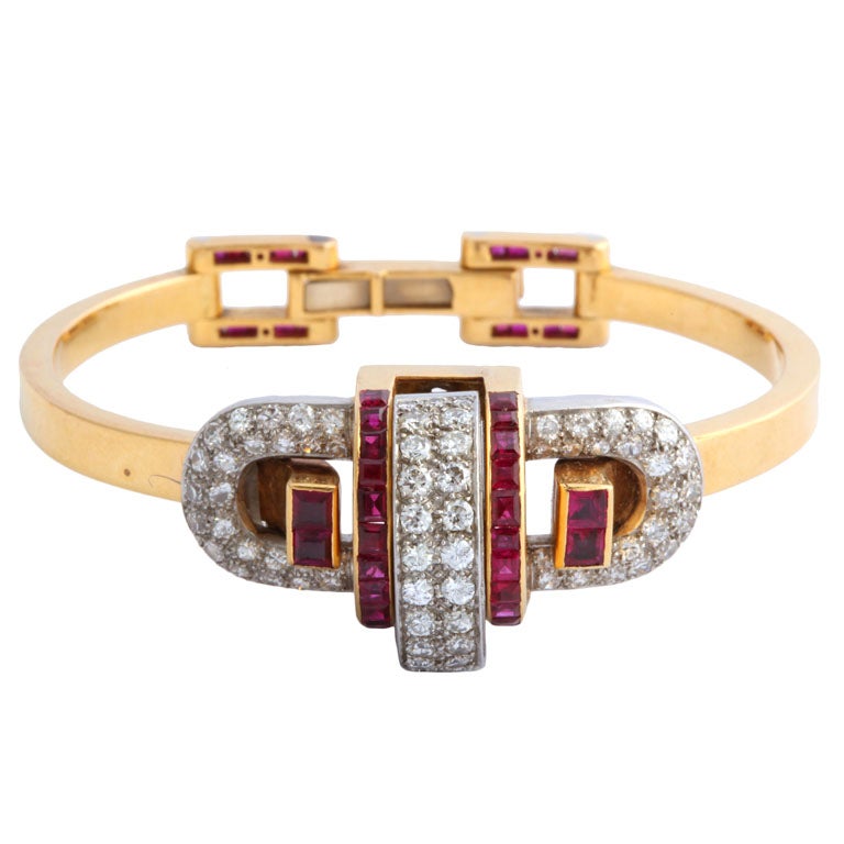 Art Deco Ruby and Gold Bracelet Watch For Sale
