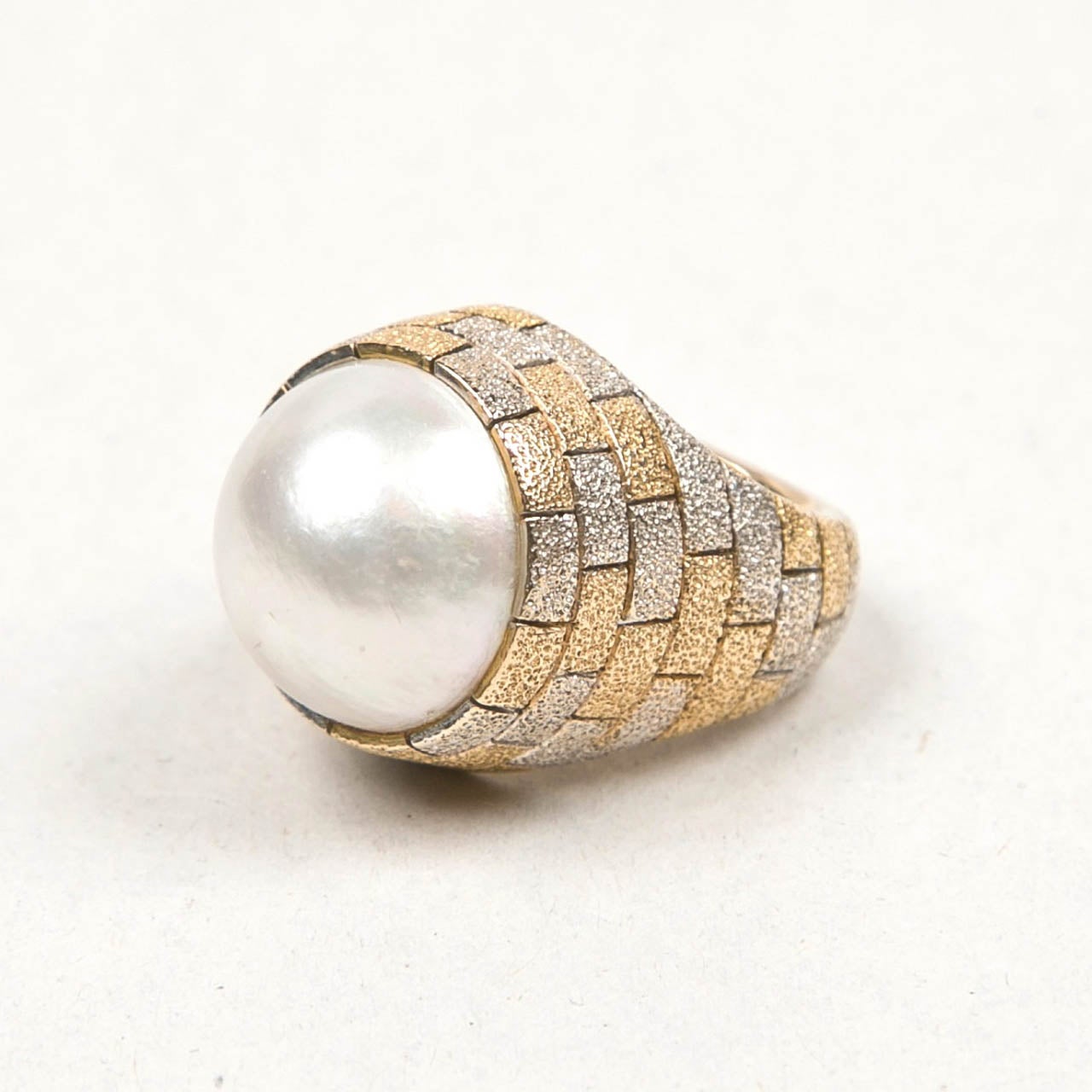 1960's Dome Pearl Two Color Gold Ring   In Excellent Condition For Sale In St.amford, CT