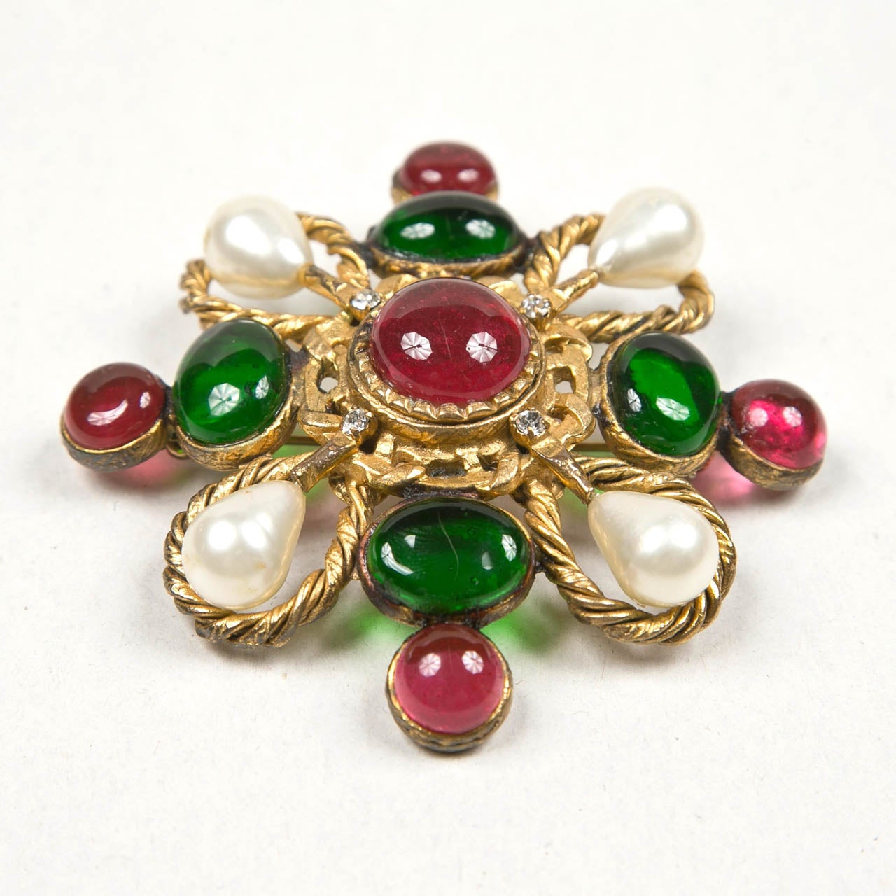 Vintage Chanel Maltese Cross Brooch with faux Pearls and Green and Dark Pink poured glass