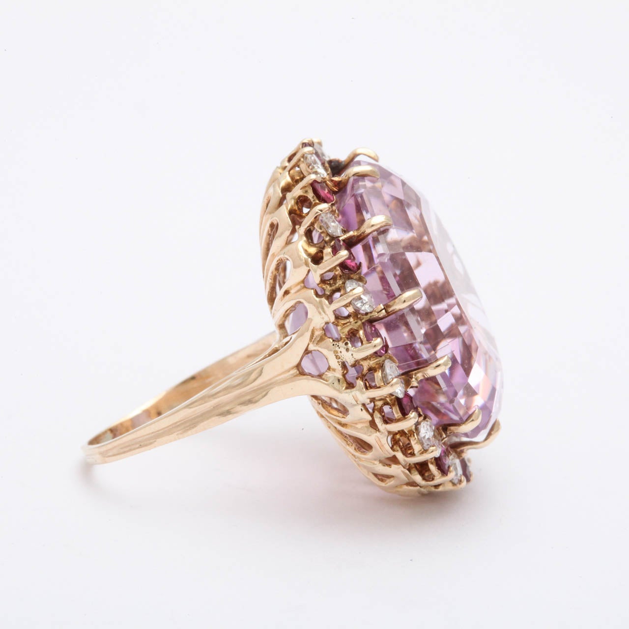 Women's 1980s Pink Kunzite Diamond Gold Cocktail Ring