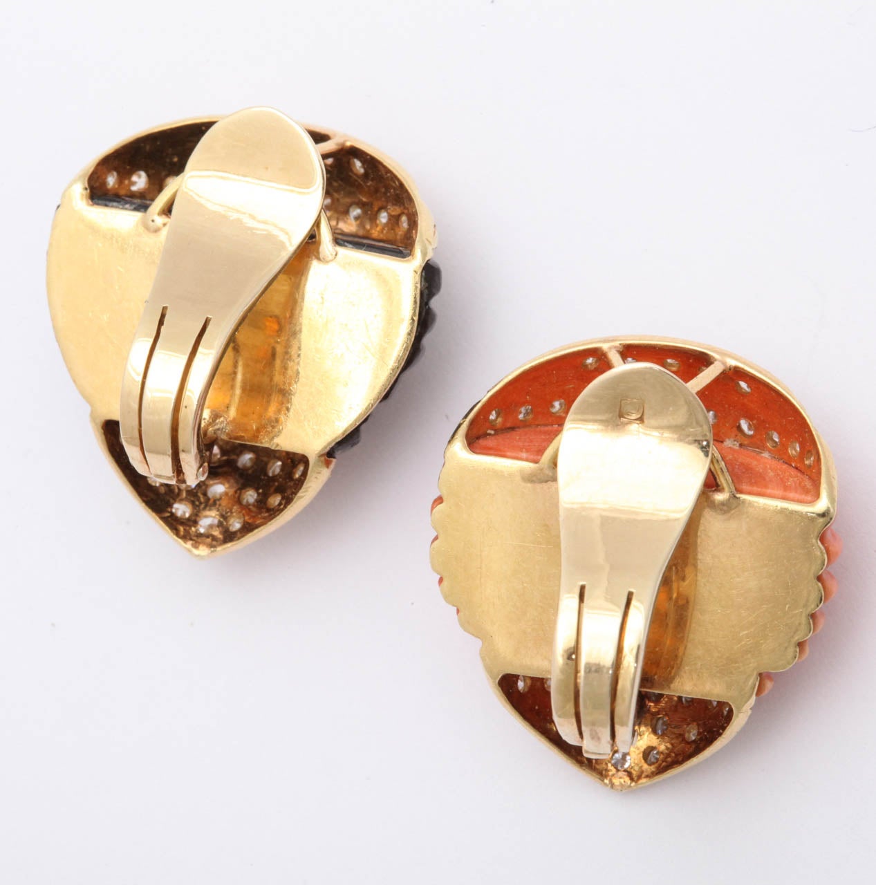 1960s Coral Onyx Diamond Gold Earclips 1