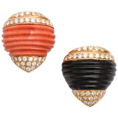 1960s Coral Onyx Diamond Gold Earclips