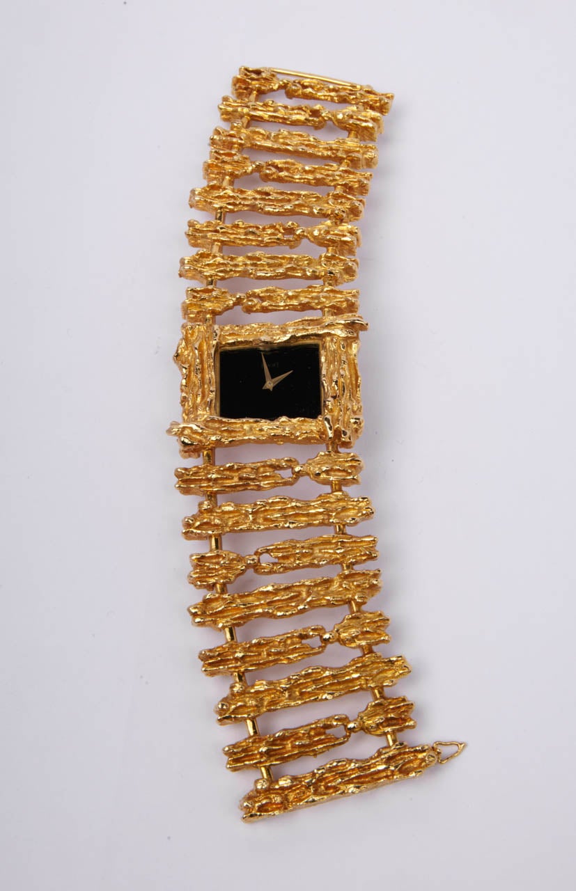 Piaget lady's 18k yellow gold bracelet watch with onyx dial (and spare ivory-colored dial).