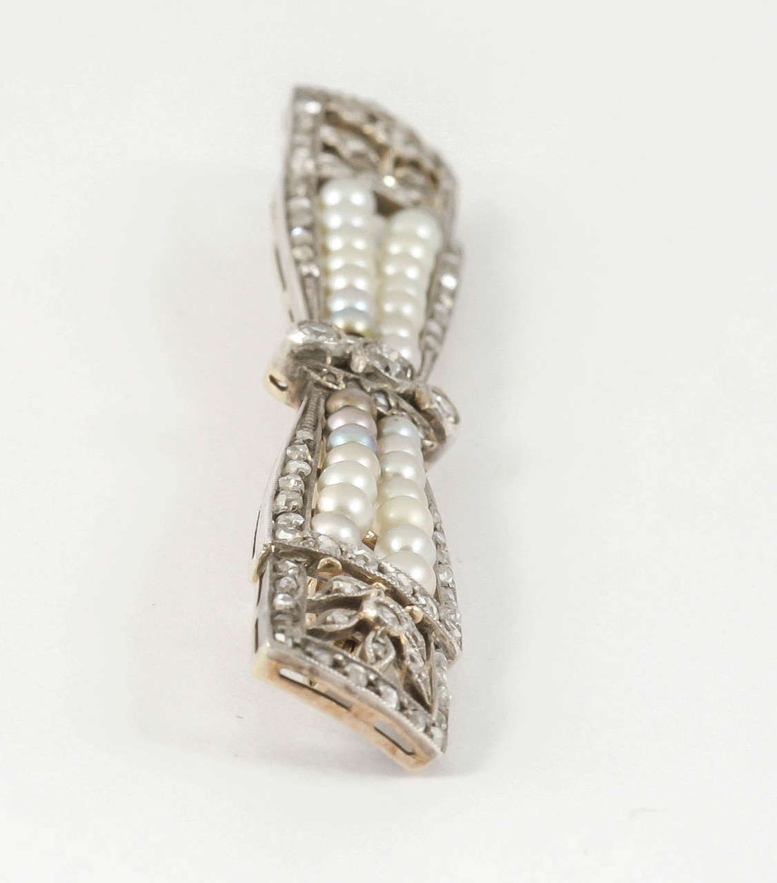 French Natural Pearl Diamond Bow Brooch For Sale 2