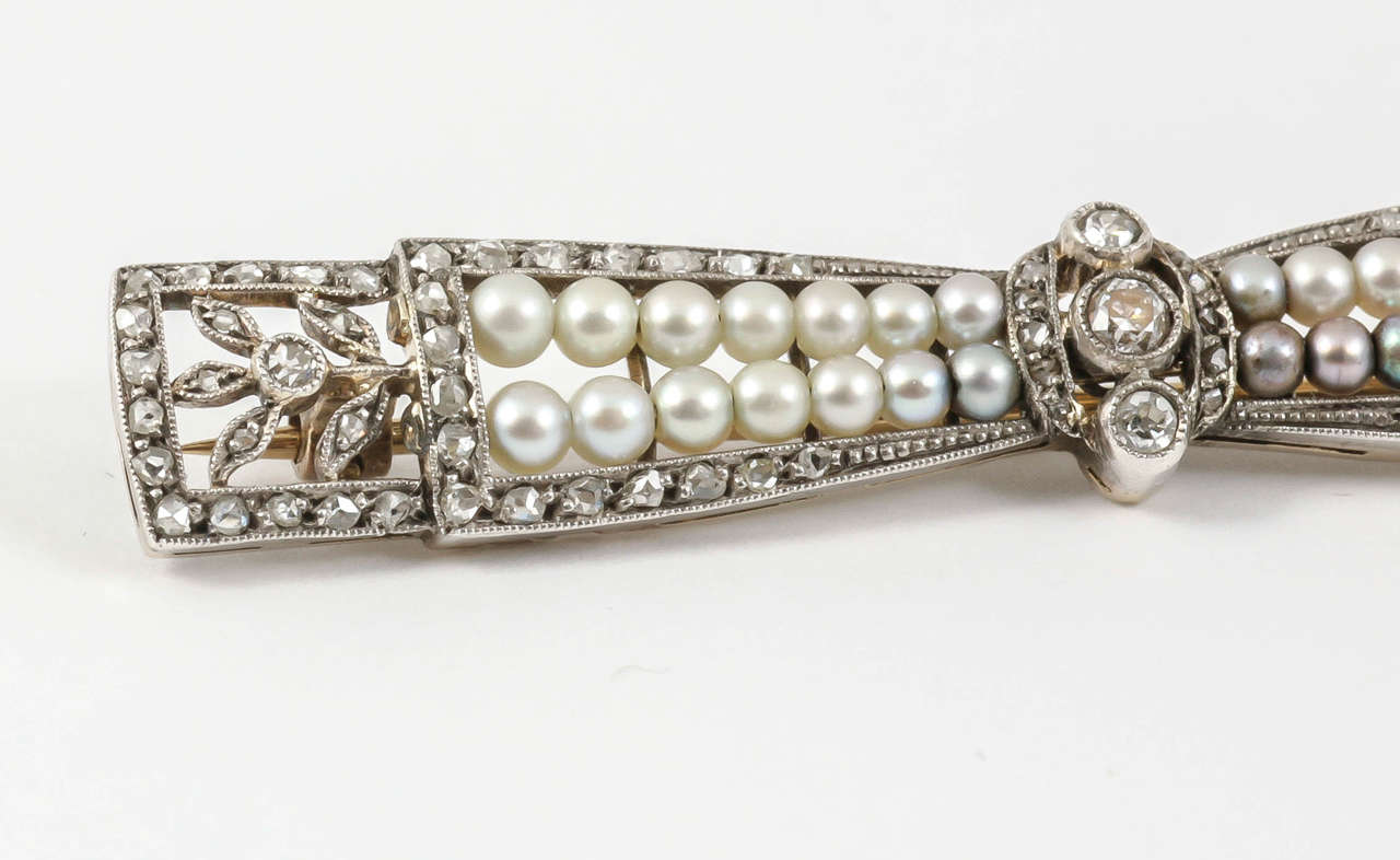 French Natural Pearl Diamond Bow Brooch For Sale 1