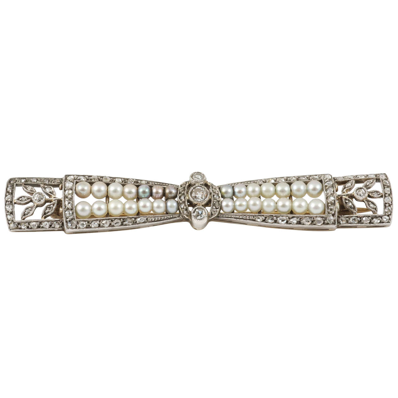 French Natural Pearl Diamond Bow Brooch For Sale